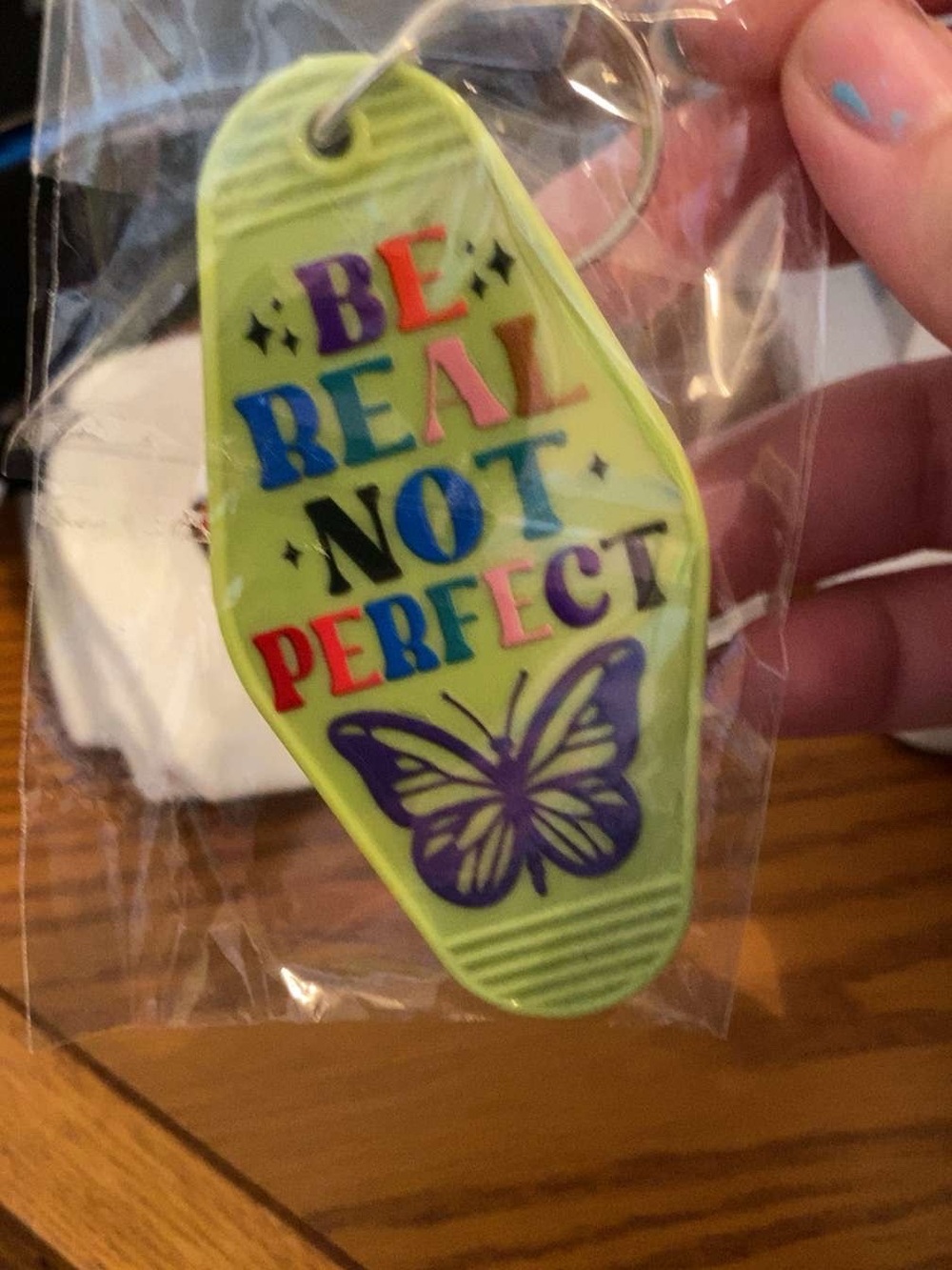 Lime Green Inspirational Keychain - "Be Real Not Perfect"